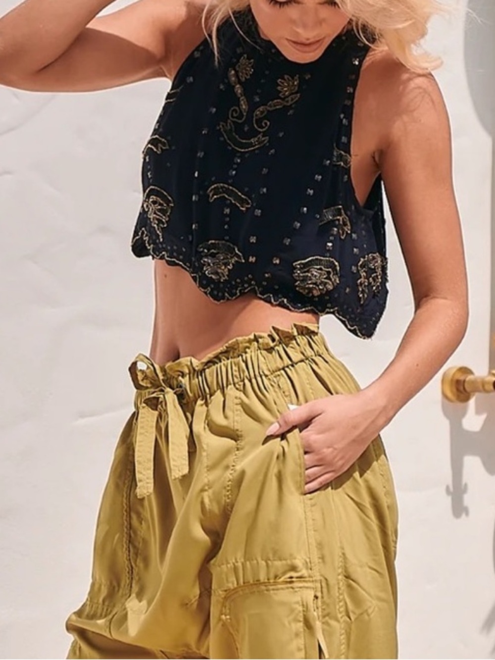 Free People Esther Studded Beaded Crop Tank Top Open Back Boho Festival Medium